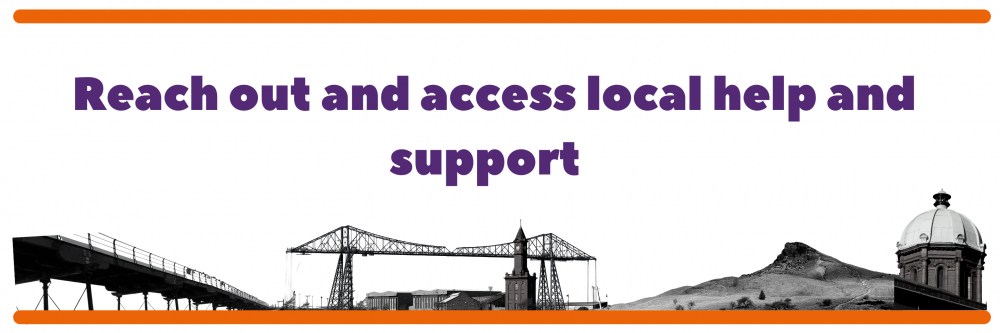 'Reach out and access local help and support' text with iconic images of landmarks across South Tees