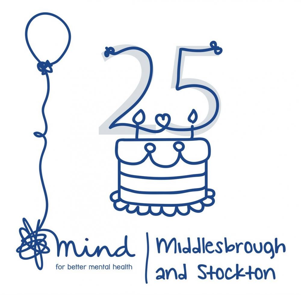Middlesbrough and Stockton Mind logo with 25 year celebration extra (balloon and cake image)