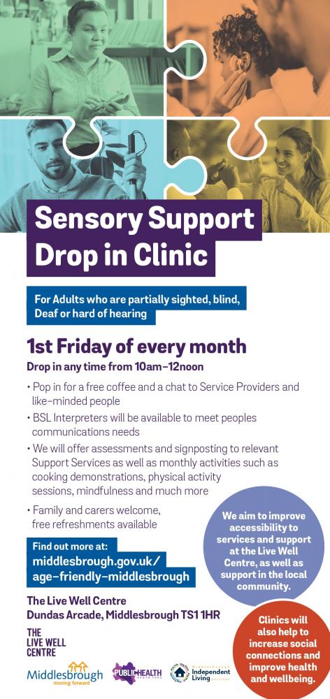 Four images in jigsaw style at the top of the page with white text in purple box reading: Sensory Support Drop in Clinic . Further text detail about the event which is showed in text right of image.