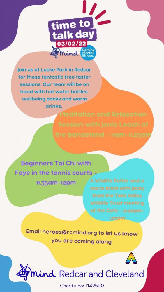 Redcar & Cleveland Mind Time to Talk Day Activity Poster, Colourful blobs with text all copied above.