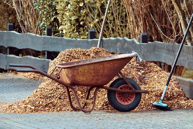 Rusted wheelbarrow in front of pile of mulch with sweeping brush