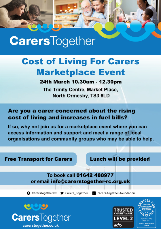 Carers Together Cost of Living Event Poster. Black text on blue boxes