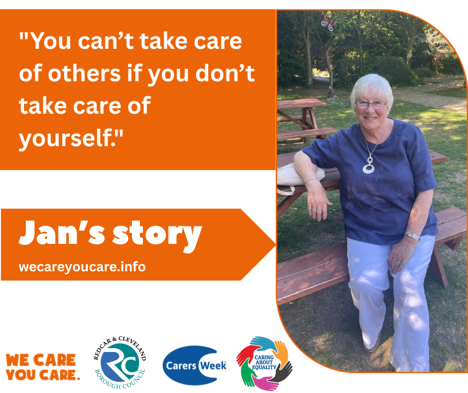 Photo of Jan (ex unpaid carer) with quote and logos for Carers Week, WCYC and RCBC