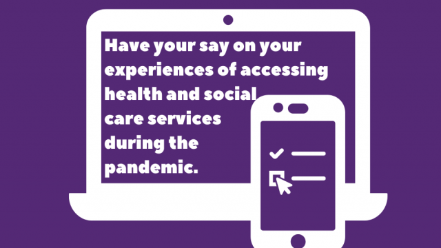 Laptop and phone with text relating to online health and social care survey.