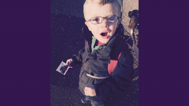 Bobby looking up at camera holding a picture with purple background