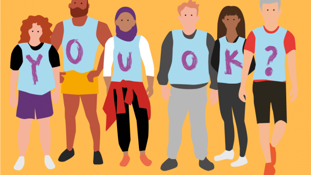 Time to Talk Day image, pale orange backgrounf with graphics of six people stood together with letters on each tabard spelling 'You OK?'. 