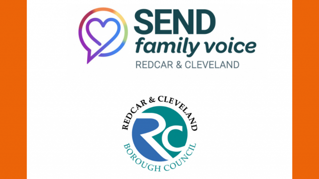 Orange background with white box displaying SEND Family Voice R&C logo and R&C Council logo