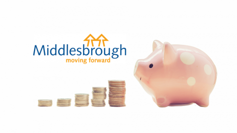 Middlesbrough Council logo & piggy bank with piles of coins