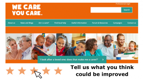 Image of WCYC homepage and 5 orange stars with cursor and text reading 'tell us what you think could be improved'