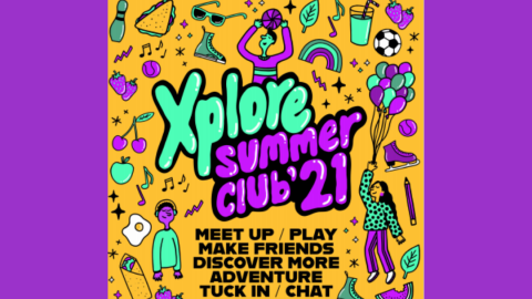 Xplore Summer Club 21 logo with a range of images including football, bowling pin, fruit and rainbow