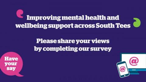 Purple background, 'have your say' text in pink speech bubble and text to encourage people to complete mental health and well-being survey for Healthwatch South Tees.