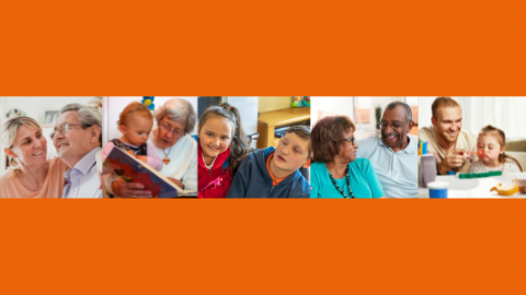 Five photos of people depicting carers on orange background