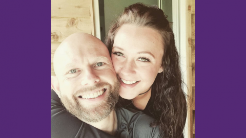 Photo of Johnny (left) and Abby (right) on purple background