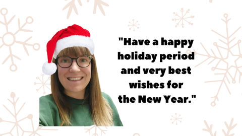 Photo of Kelly Baxter wearing Santa hat, words: Seasons Greetings, displayed in purple with We Care You Care logo in orange and white background with snowflake graphics