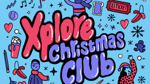 Text in centre: Xplore Christmas Club. Images relating to Christmas and activities