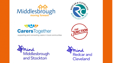 Orange border with Middlesbrough Council logo, Redcar & Cleveland Council logo, Carers Together logo, The Junction Foundation logo, Middlesbrough & Stockton Mind logo and Redcar & Cleveland Council logo.