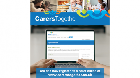 Images across the top of graphic depicting unpaid carers. Carers Together logo and branding with image of open laptop displaying Carers Togethers online registration form.